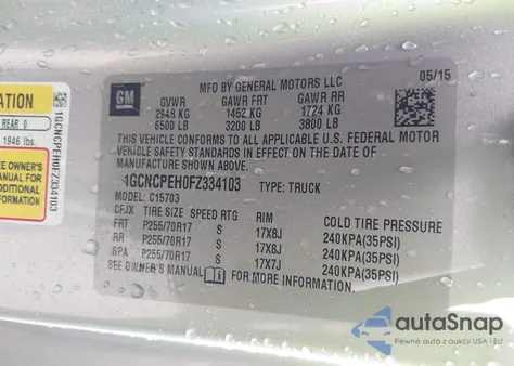 2015 Chevrolet Silverado 1500 Wt из США, поврежденный, VIN 1GCNCPEH0FZ334103